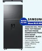 Samsung 540L Frost Free Top Freezer Bottom Fridge Combination Fridge with Water Dispenser - Black RT