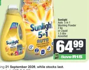 Sunlight Auto 5 in 1 Washing Powder 2 kg or Liquid 1.5 litre Assorted