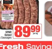 SPAR Select Pork Sausages per kg