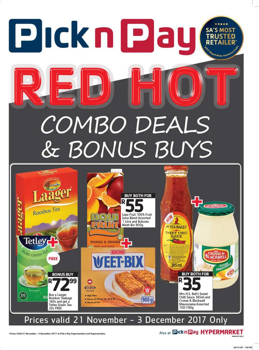 Pick n Pay Western Cape : Red Hot Combo Deals And Bonus Buys (21 Nov - 03 Dec 2017) - Page 1